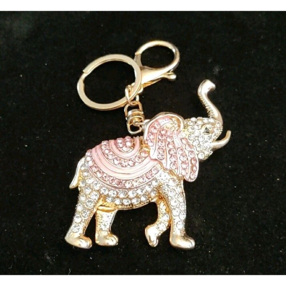 Pink & Gold Tone Rhinestone Elephant Bag Charm Keychain Trunk Up